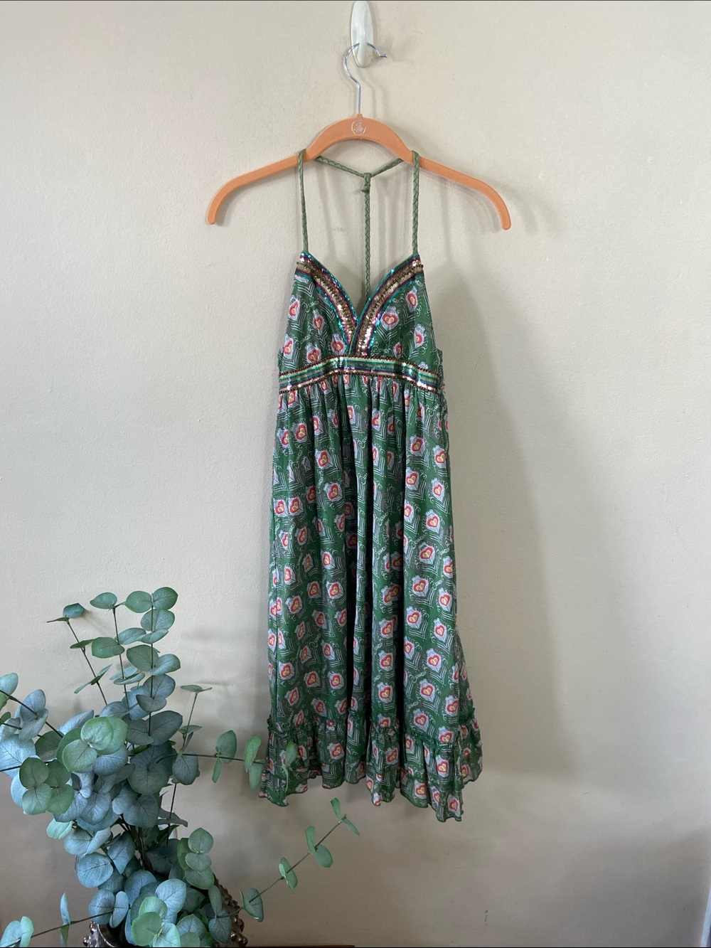 Guess Girls 12Y Green Boho Beaded Halter Dress Floral Cotton Sundress Y2K 2000's